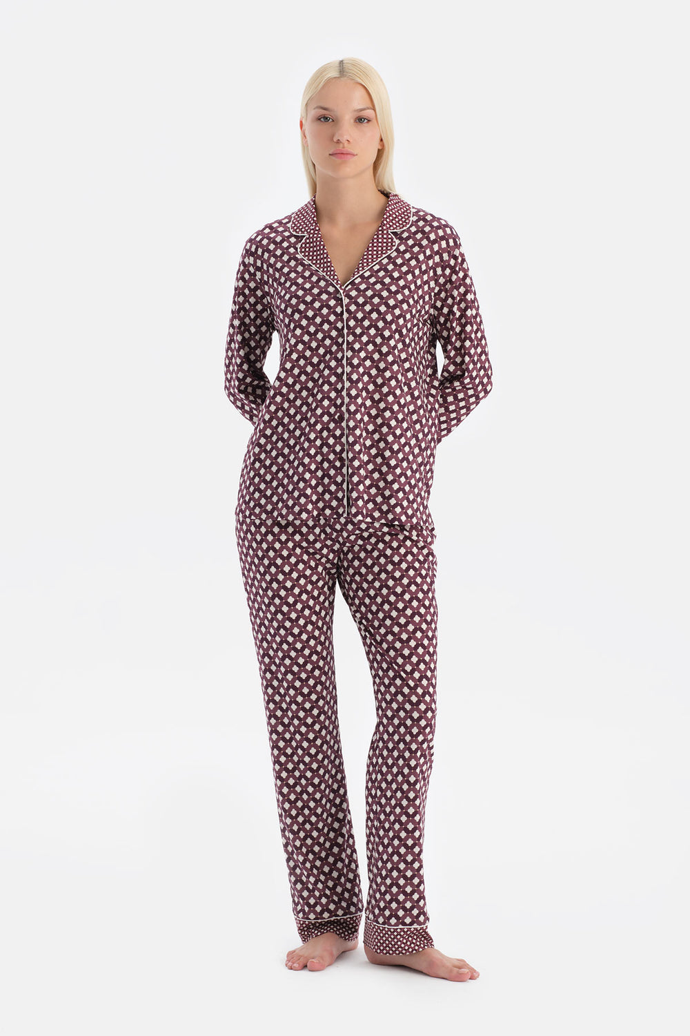 Mürdüm Geometrik Desenli Gömlek Pantolon Takım