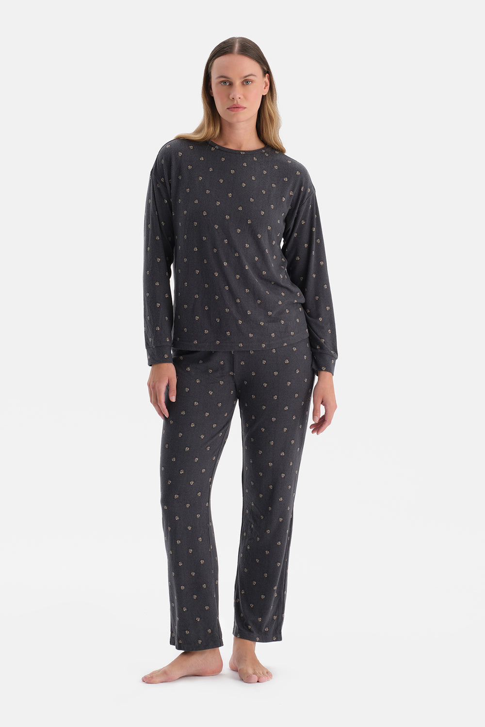 Antrasıt Desenli Termal Tişört Pantolon Pijama Takımı