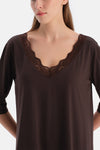 Koyu Kahve V Yaka Dantelli Örme Gecelik
