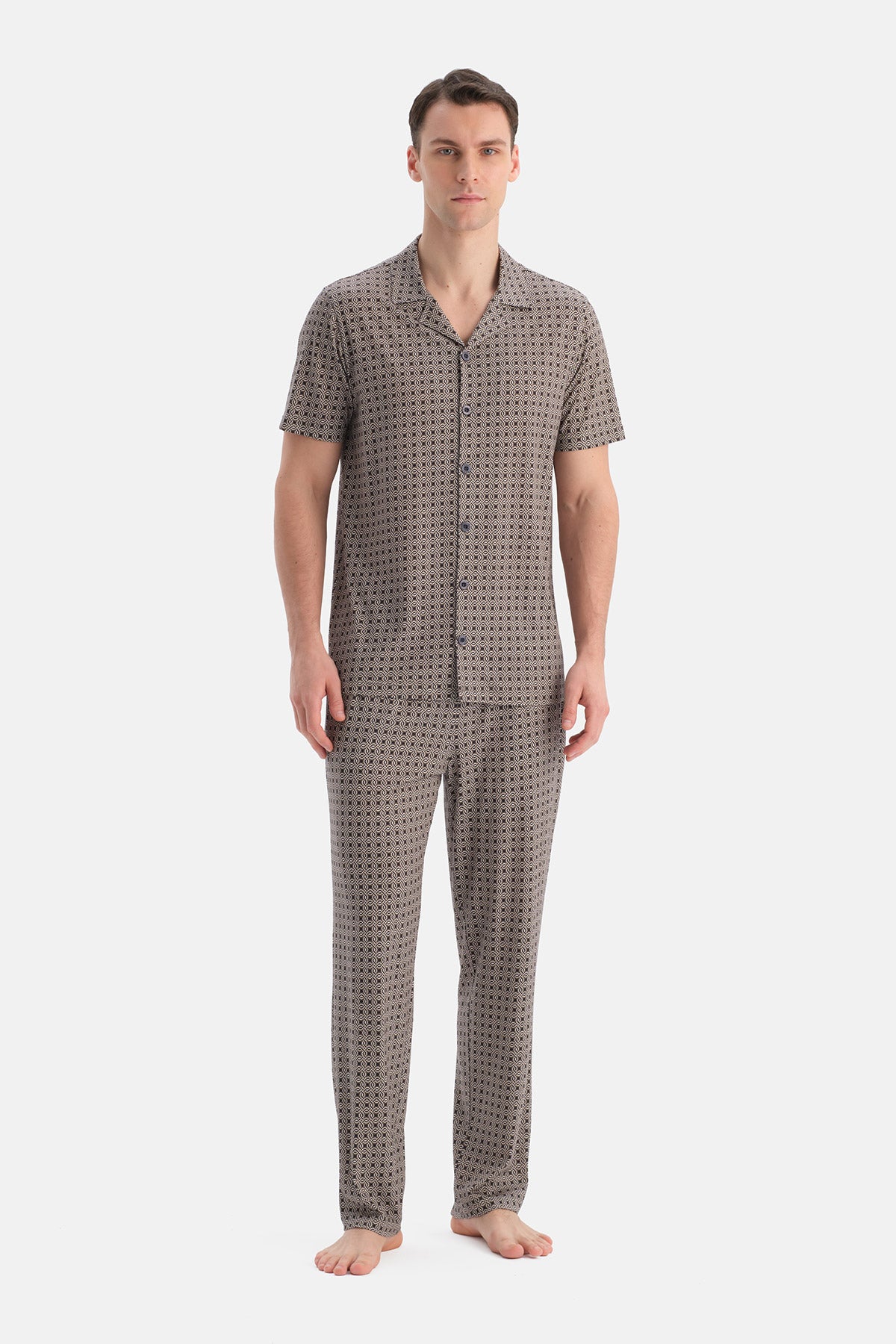 Multicolor Geometrik Desenli Pamuk Modal Gömlek Pantolon Takım