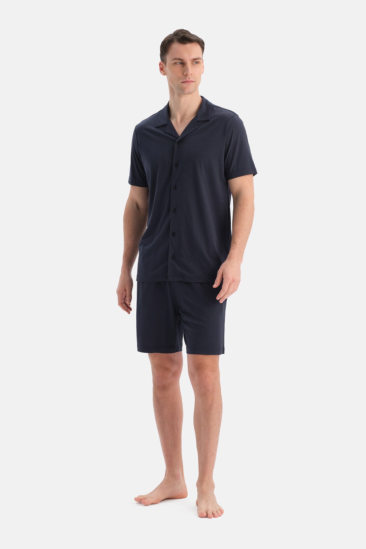Lacivert Kısa Kollu Pamuk Modal Gömlek Şort Takım