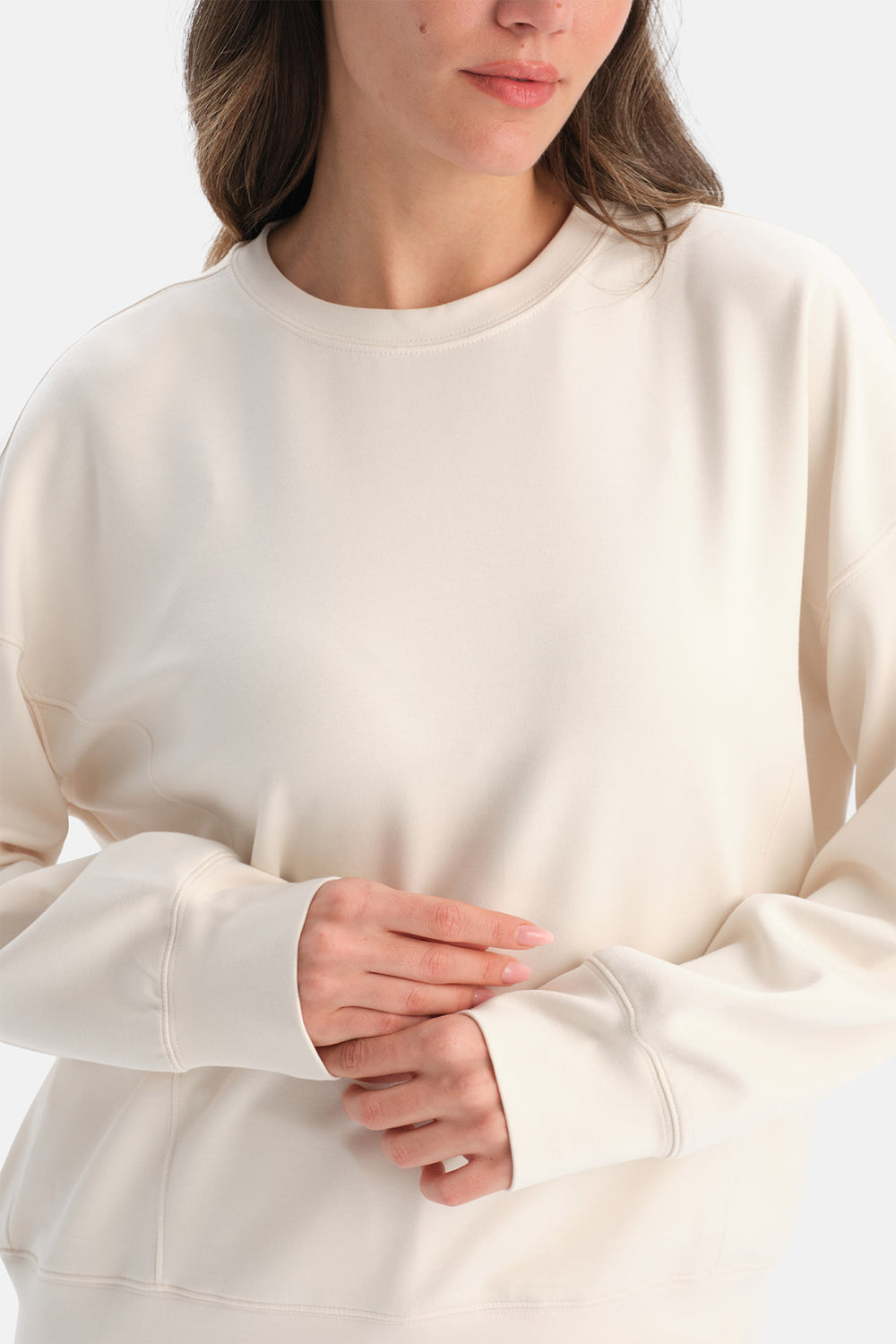 Ekru Dikiş Detaylı Bisiklet Yaka Sweatshirt