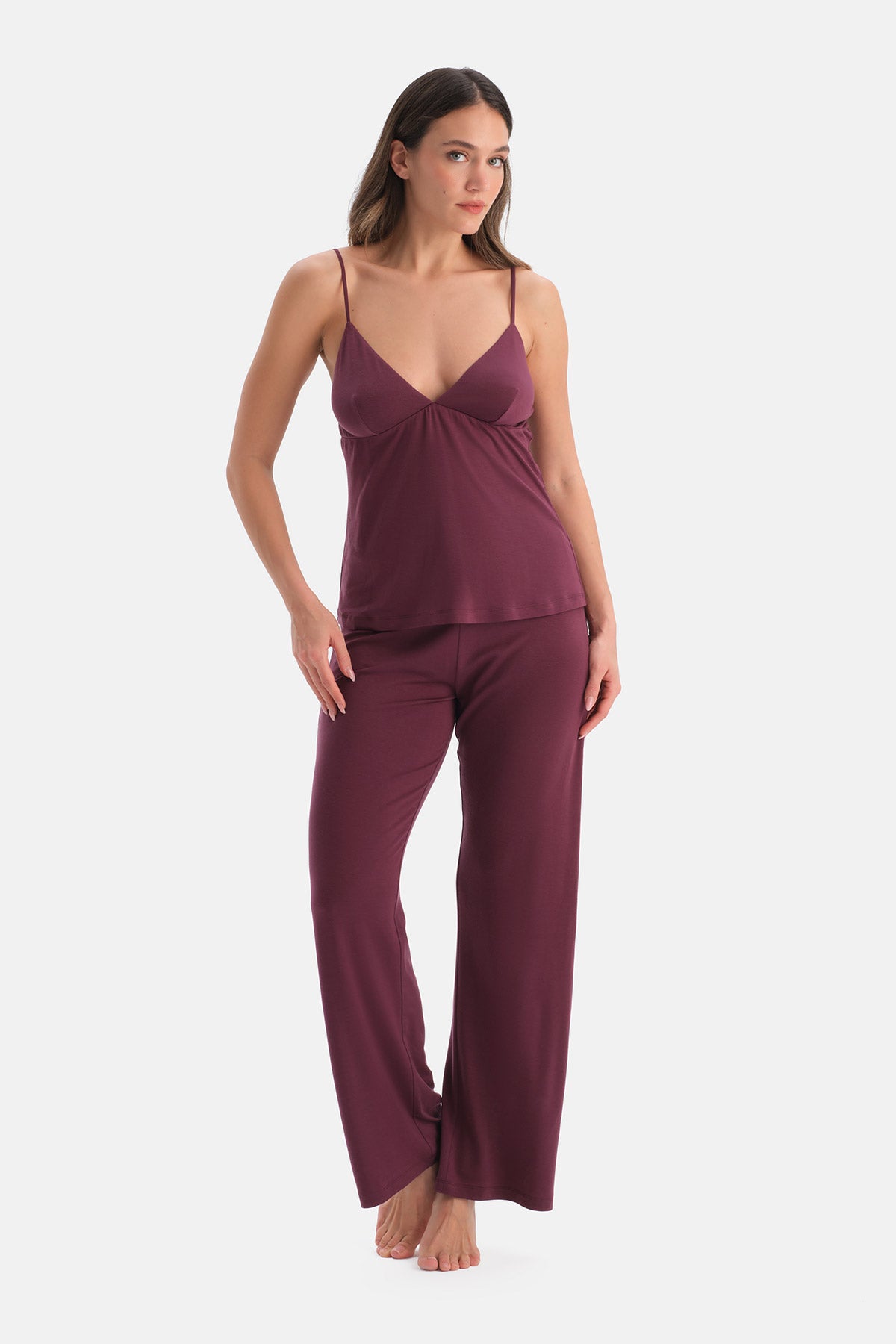 Bordo Yanı Tül Detaylı Basic Pantolon
