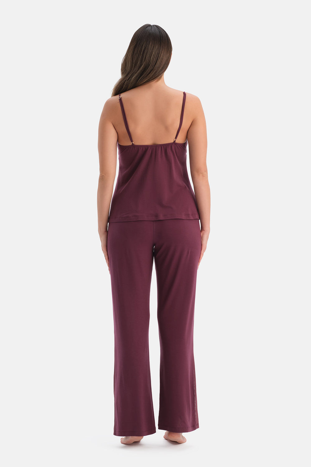 Bordo Yanı Tül Detaylı Basic Pantolon