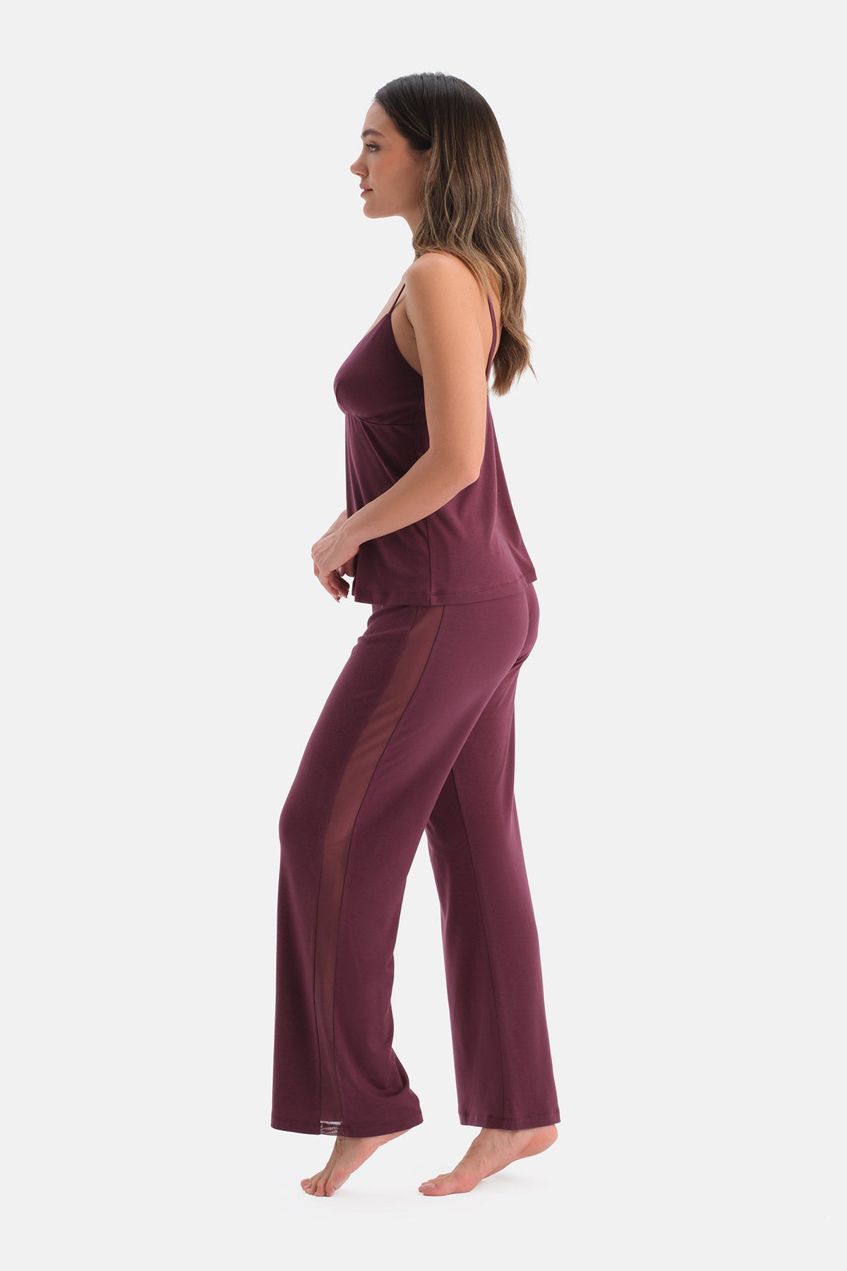 Bordo Yanı Tül Detaylı Basic Pantolon