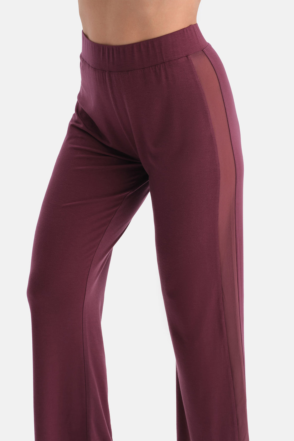 Bordo Yanı Tül Detaylı Basic Pantolon