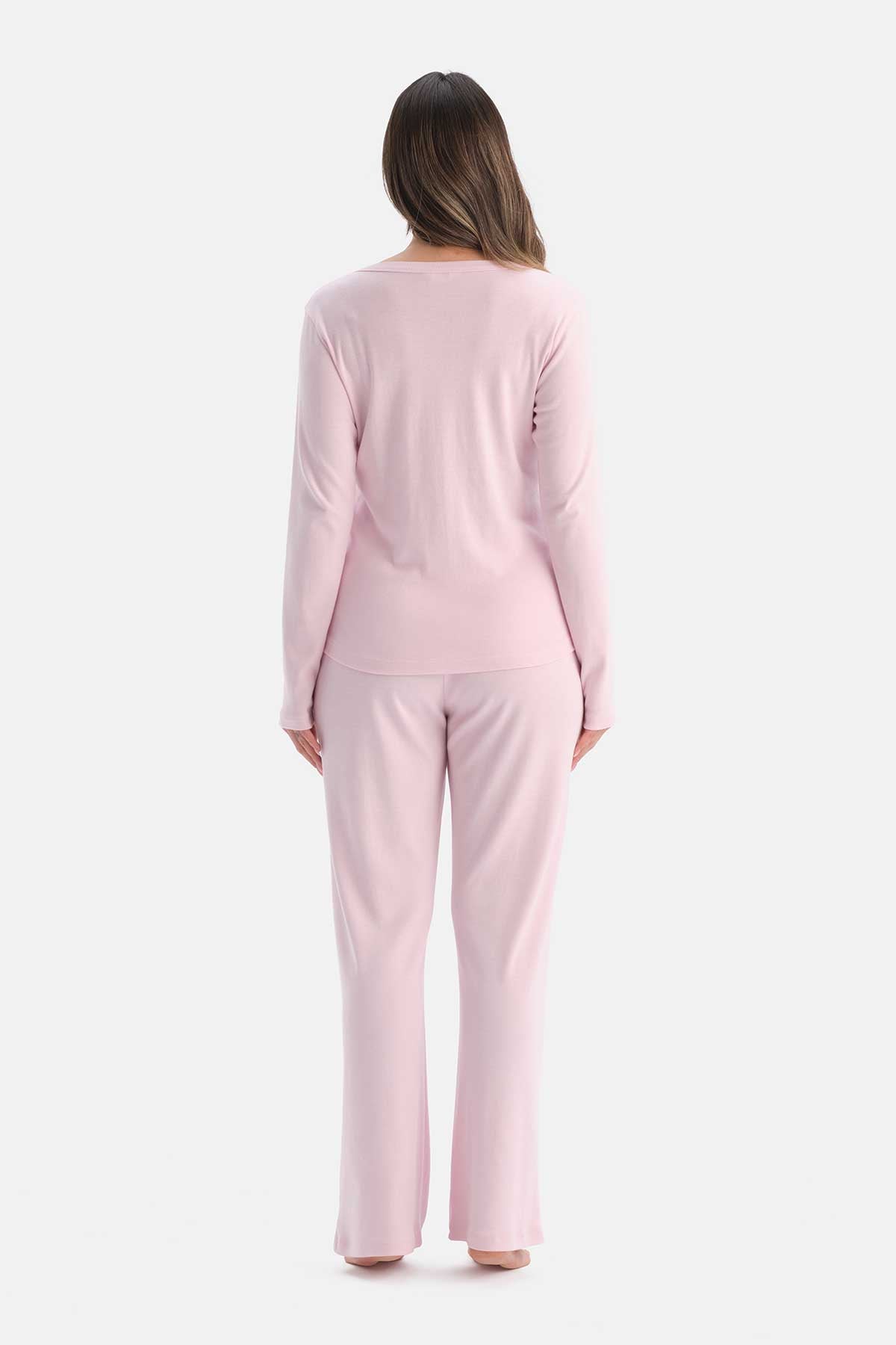 Açık Pembe Uzun Kollu Pamuk Modal Kaşkorse Tişört Pantolon Takım