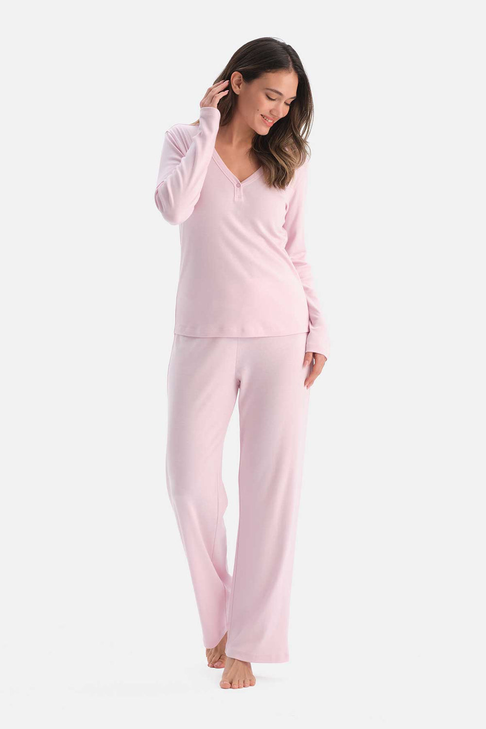 Açık Pembe Uzun Kollu Pamuk Modal Kaşkorse Tişört Pantolon Takım
