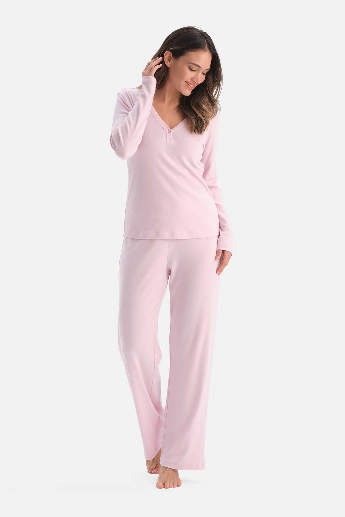 Açık Pembe Uzun Kollu Pamuk Modal Kaşkorse Tişört Pantolon Takım