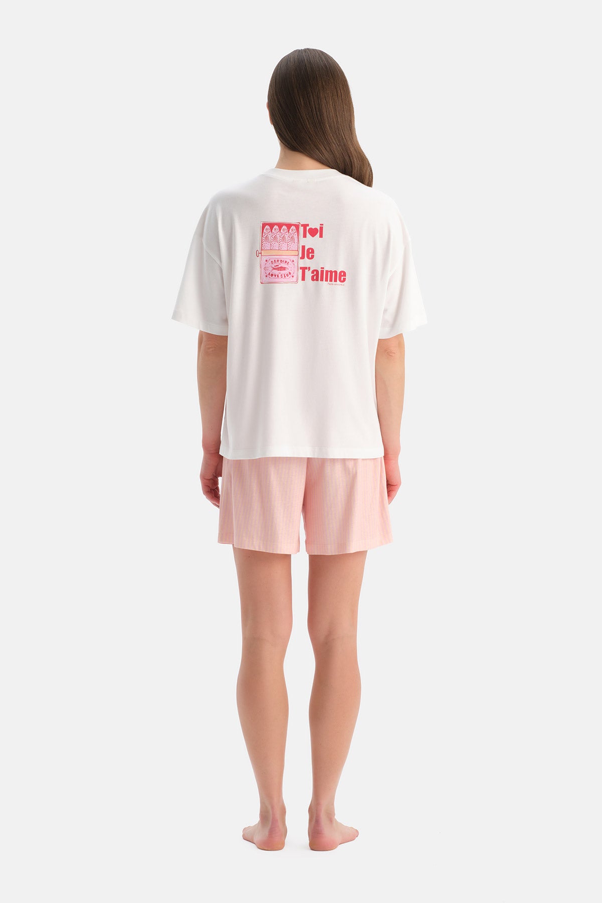 Beyaz Baskı Detaylı Tişört Şort Pijama Takımı
