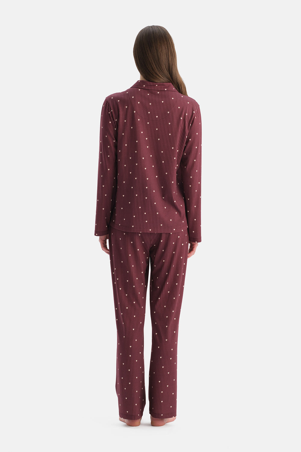 Mürdüm Çizgili Pamuk Modal Gömlek Pijama Takımı