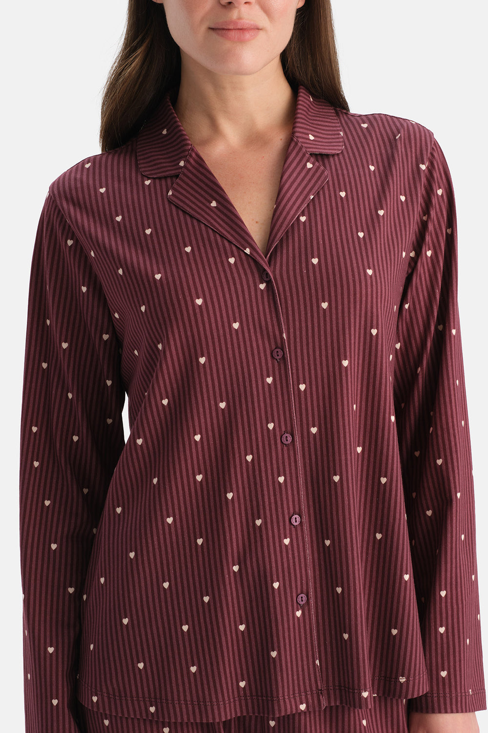 Mürdüm Çizgili Pamuk Modal Gömlek Pijama Takımı