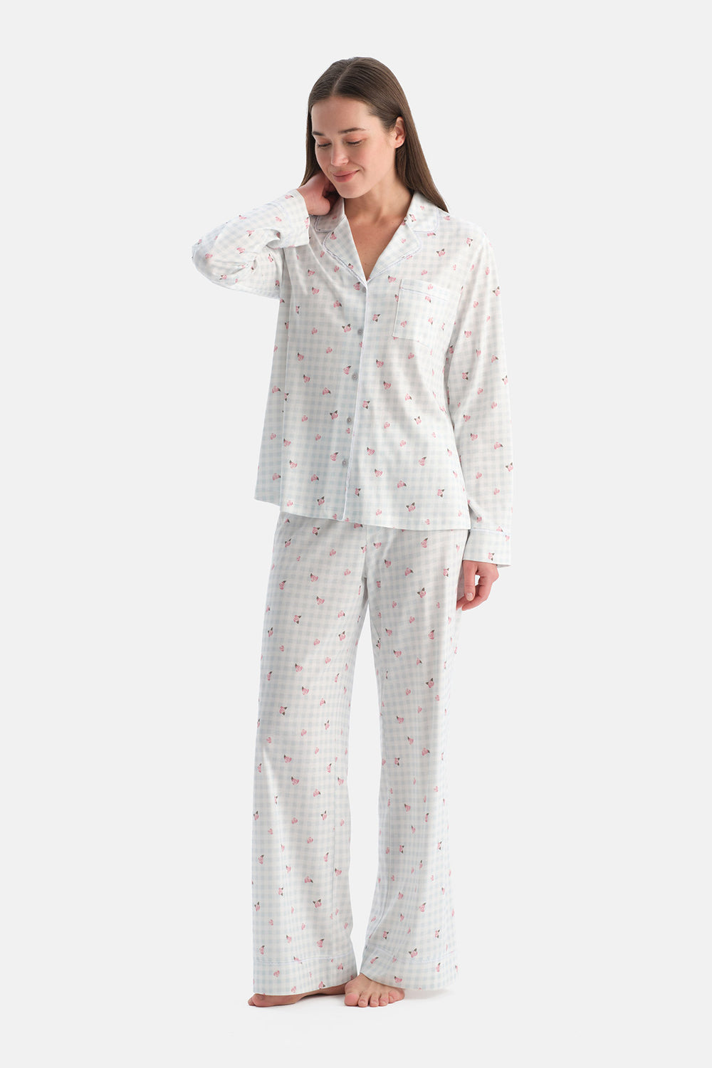Açık Mavi Pötikareli Pamuk Modal Gömlek Pijama Takımı
