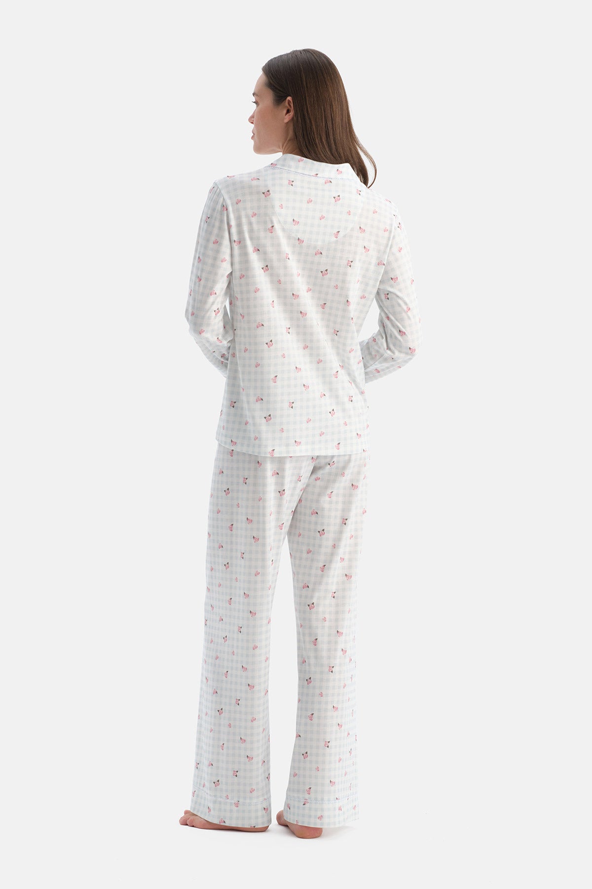 Açık Mavi Pötikareli Pamuk Modal Gömlek Pijama Takımı