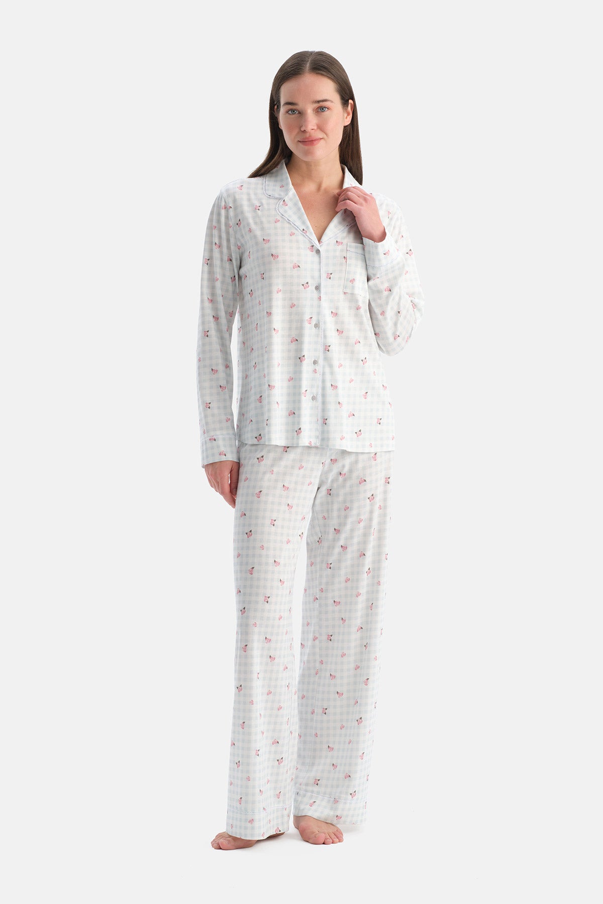 Açık Mavi Pötikareli Pamuk Modal Gömlek Pijama Takımı