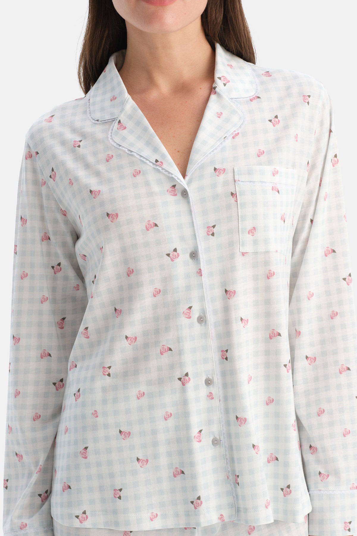 Açık Mavi Pötikareli Pamuk Modal Gömlek Pijama Takımı