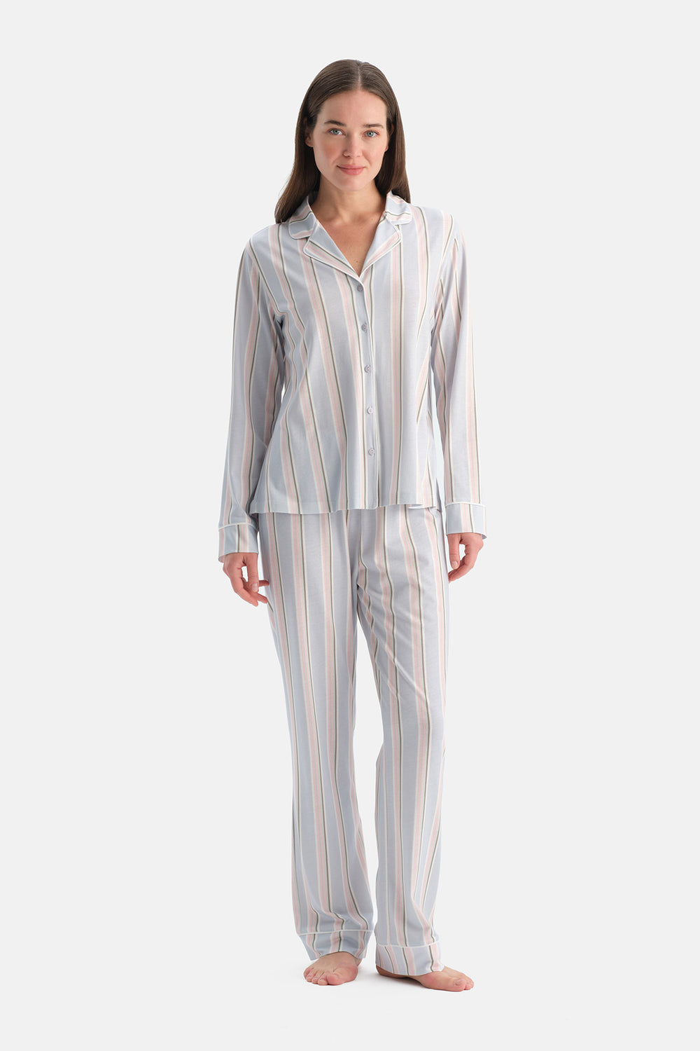 Açık Mavi Çizgili Pamuk Modal Gömlek Pijama Takımı