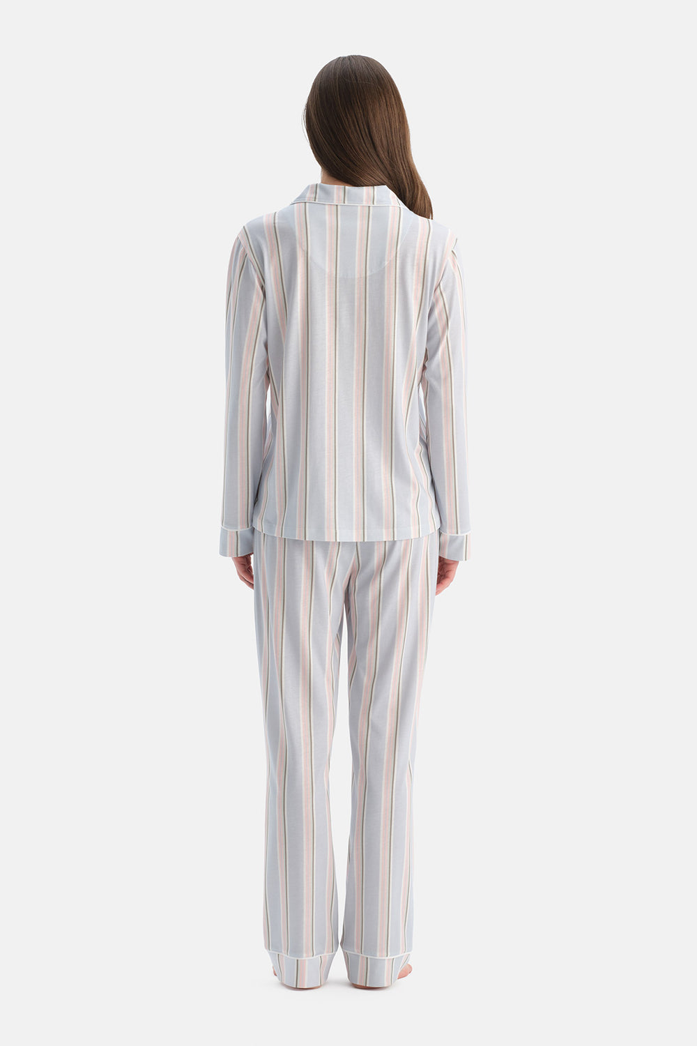 Açık Mavi Çizgili Pamuk Modal Gömlek Pijama Takımı