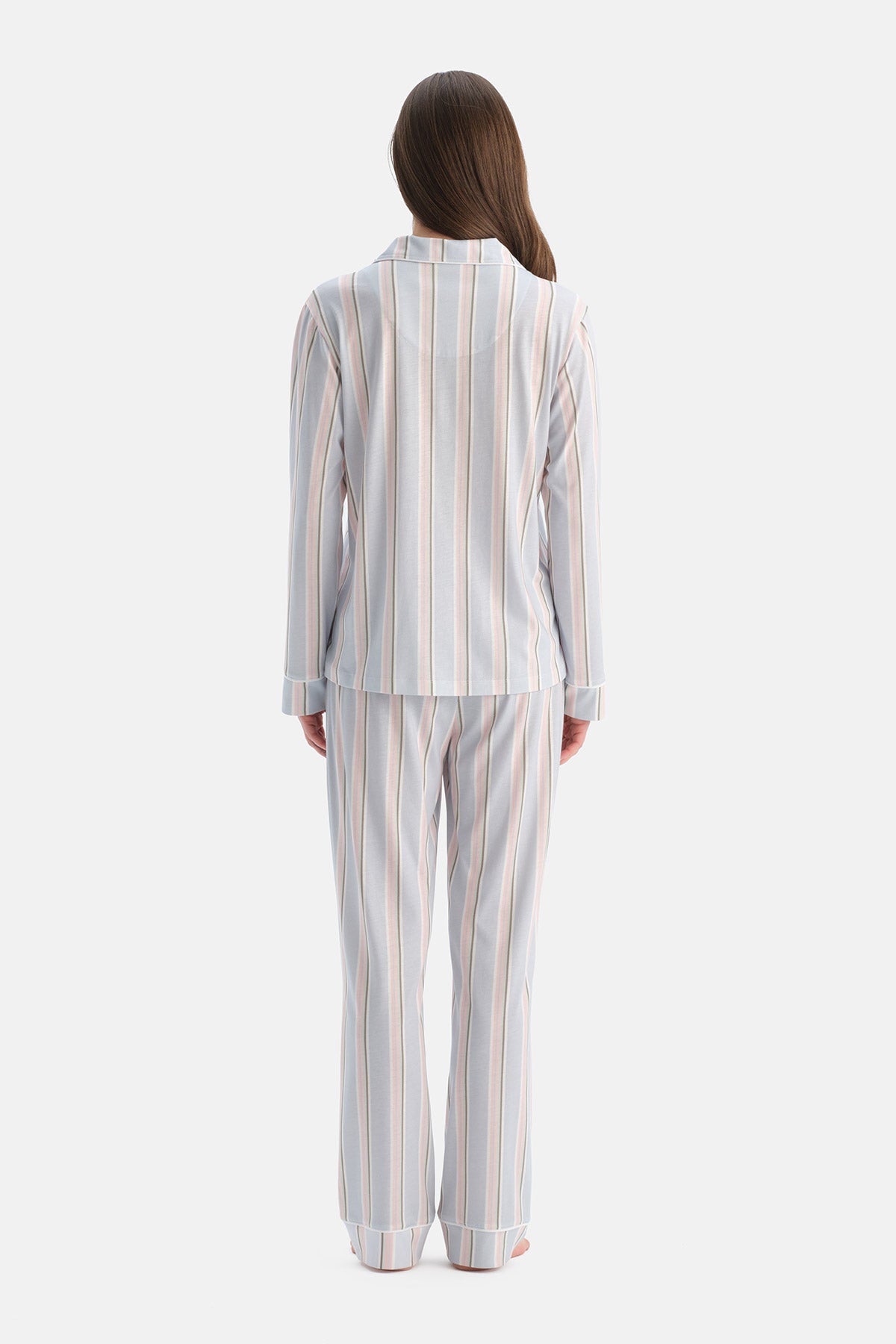 Açık Mavi Çizgili Pamuk Modal Gömlek Pijama Takımı