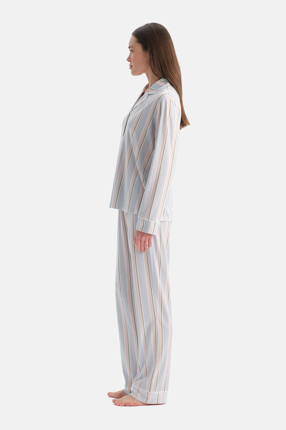 Açık Mavi Çizgili Pamuk Modal Gömlek Pijama Takımı
