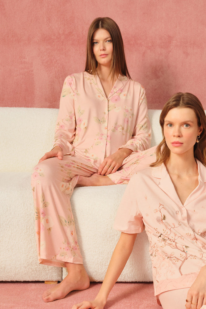 Açık Pembe Çiçekli Siroviskon Gömlek Pijama Takımı