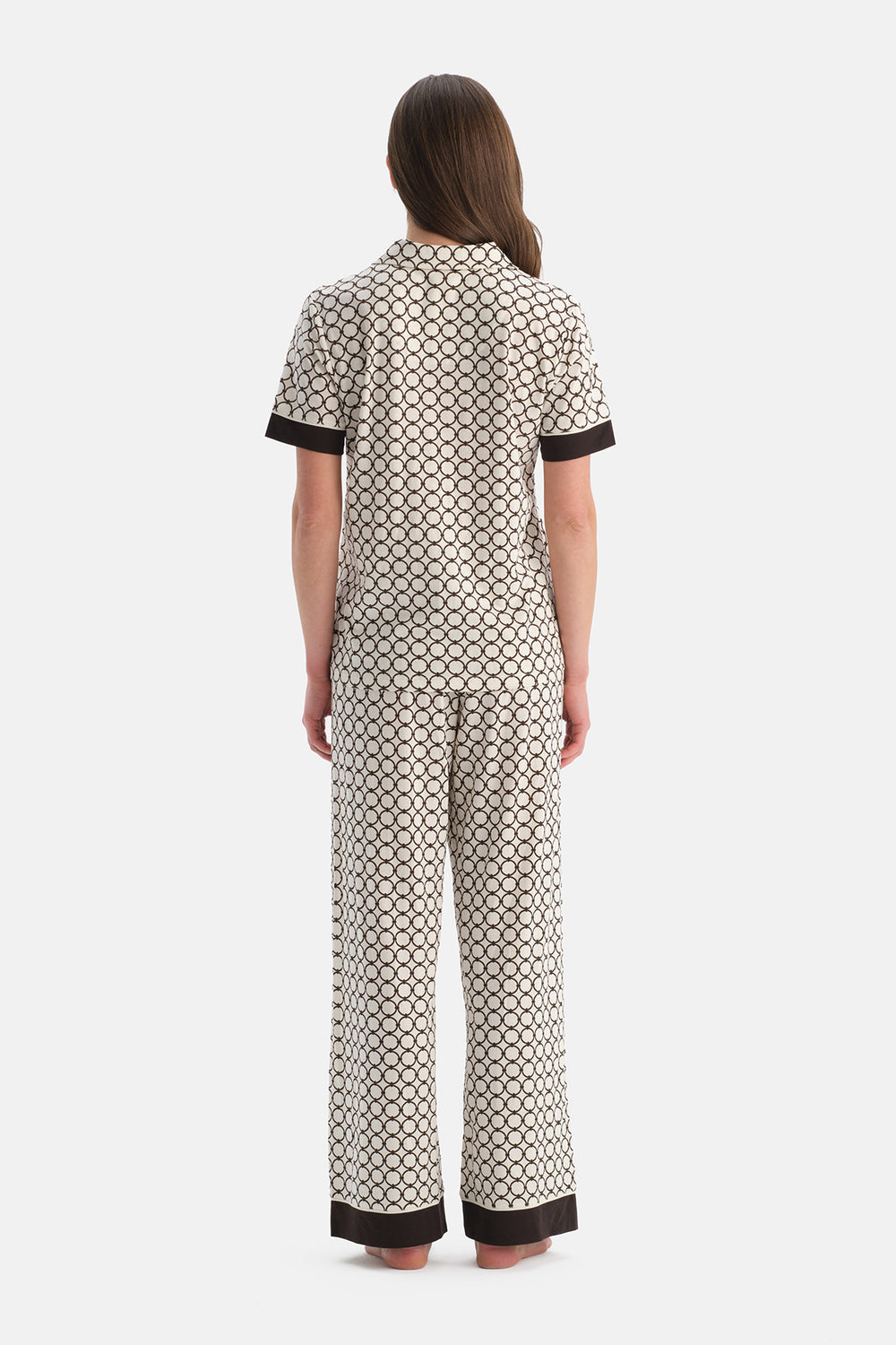 Ekru Geometrik Desenli Pamuk Modal Pijama Takımı