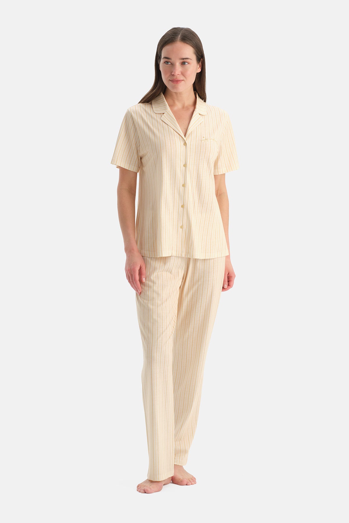 Açık Sarı Çizgili Pamuk Modal Gömlek Pijama Takımı