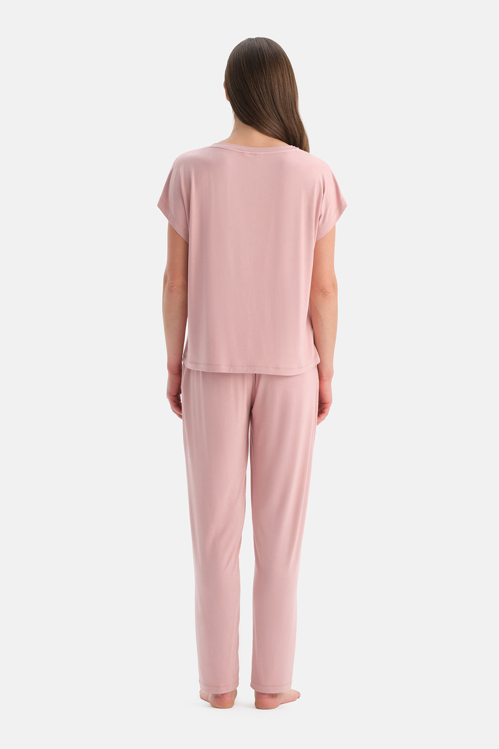 Açık Pembe V Yaka Siroviskon Tişört Pijama Takımı