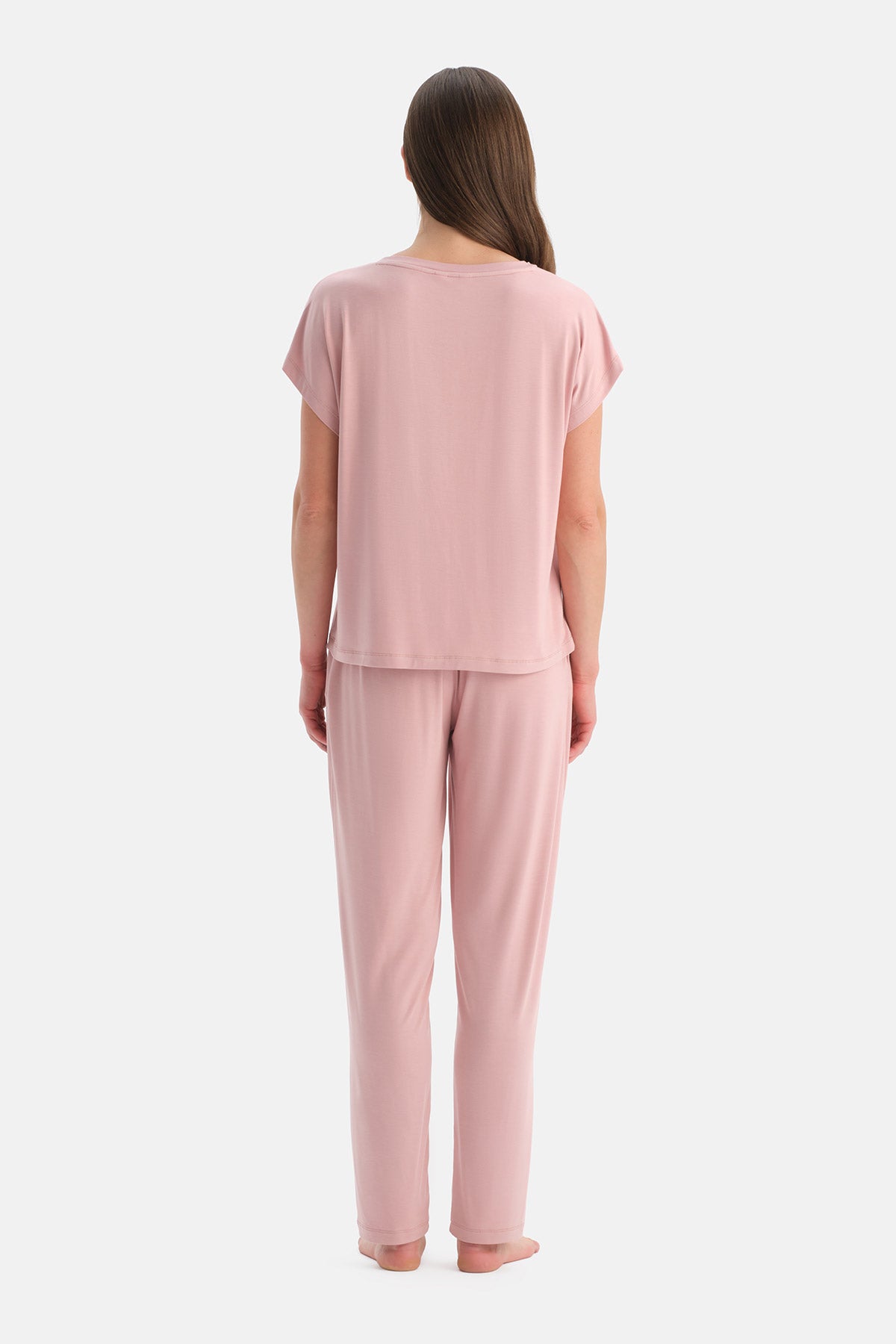 Açık Pembe V Yaka Siroviskon Tişört Pijama Takımı