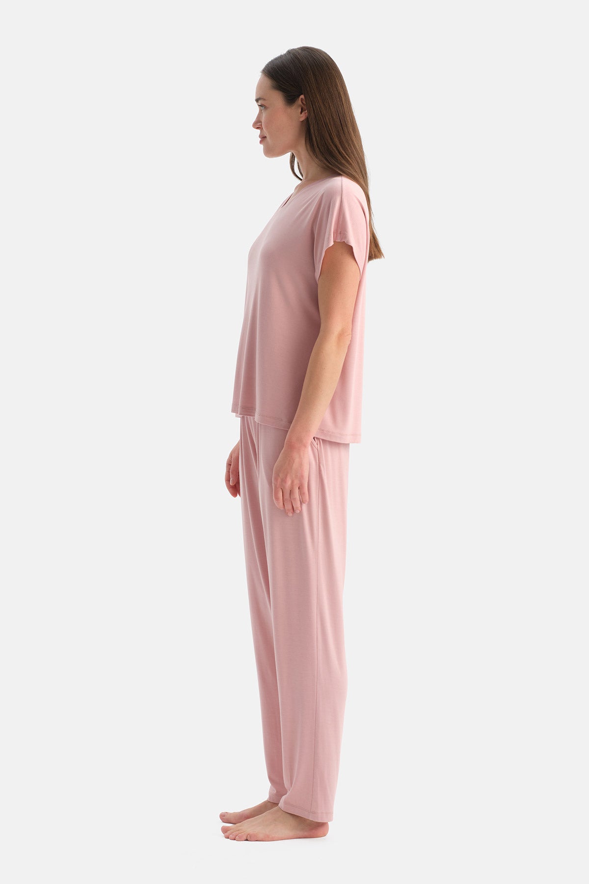 Açık Pembe V Yaka Siroviskon Tişört Pijama Takımı