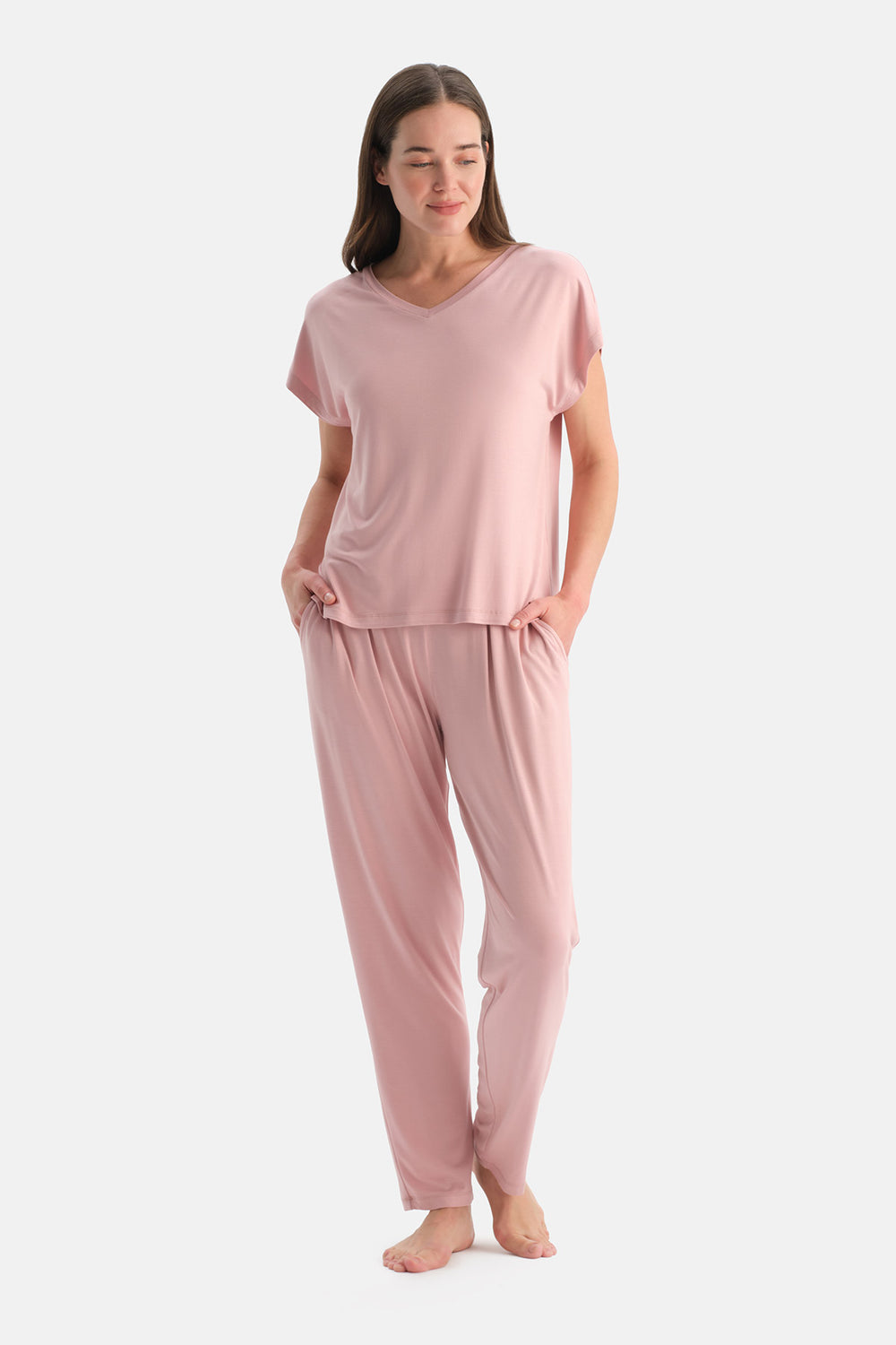 Açık Pembe V Yaka Siroviskon Tişört Pijama Takımı