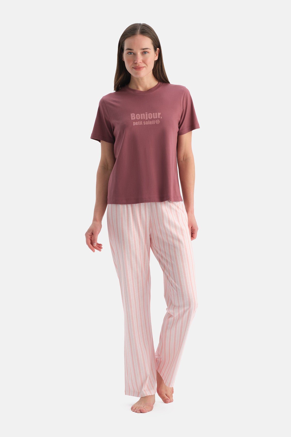 Gül Kurusu Baskılı Tişört Pijama Takımı
