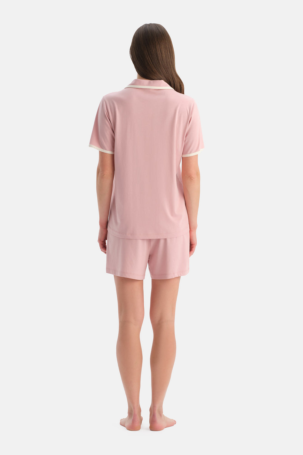Açık Pembe Kısa Kollu Pamuk Modal Gömlek Şort Pijama Takımı