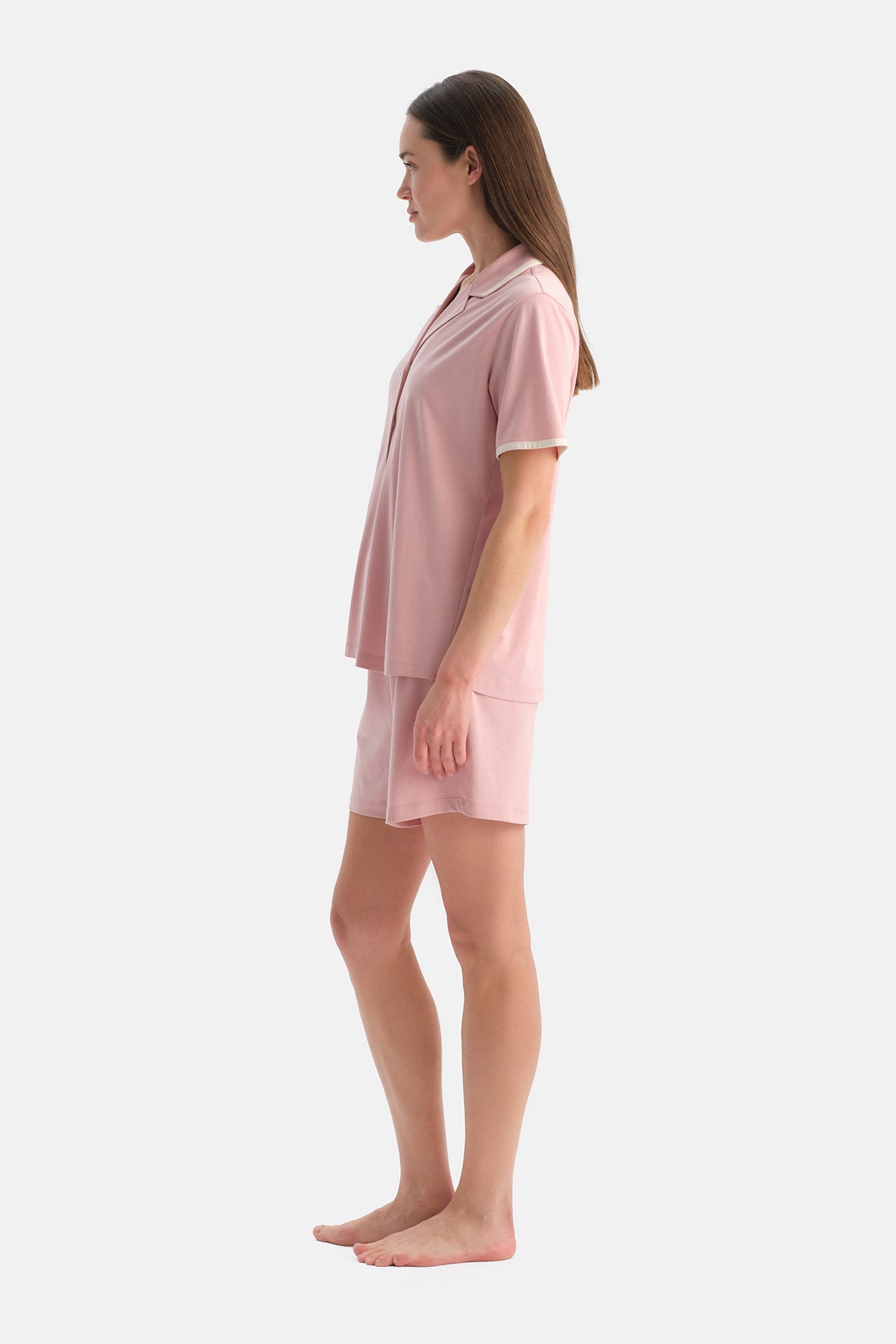 Açık Pembe Kısa Kollu Pamuk Modal Gömlek Şort Pijama Takımı