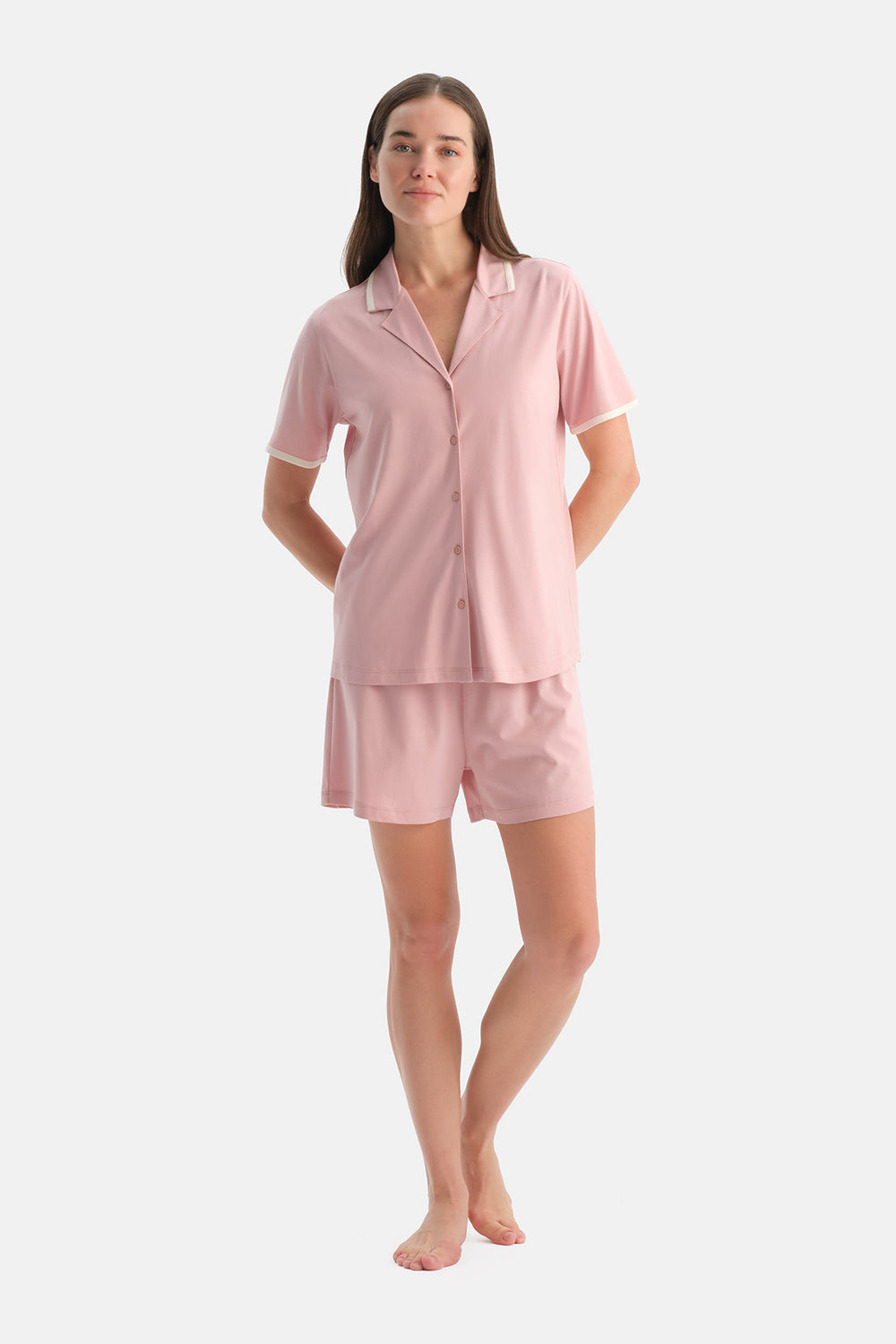 Açık Pembe Kısa Kollu Pamuk Modal Gömlek Şort Pijama Takımı
