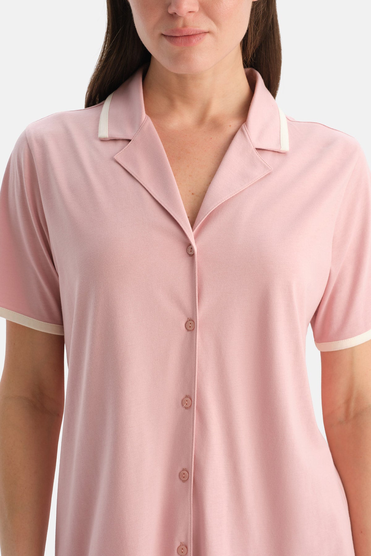 Açık Pembe Kısa Kollu Pamuk Modal Gömlek Şort Pijama Takımı