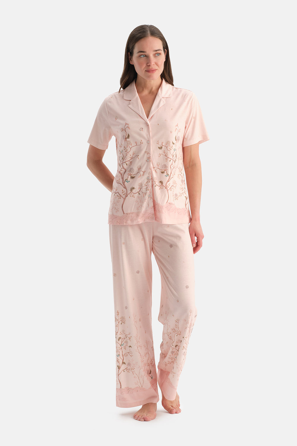 Açık Pembe Çiçekli Pamuk Modal Gömlek Pijama Takımı