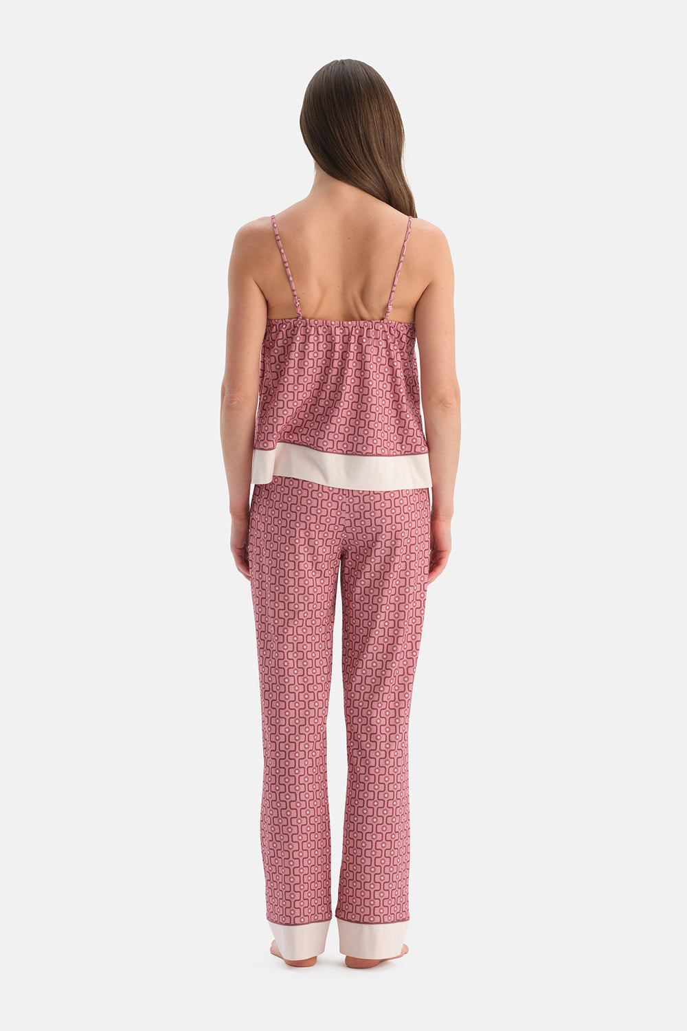 Pembe Geometrik Desenli Pamuk Modal Atlet Pantolon Pijama Takımı
