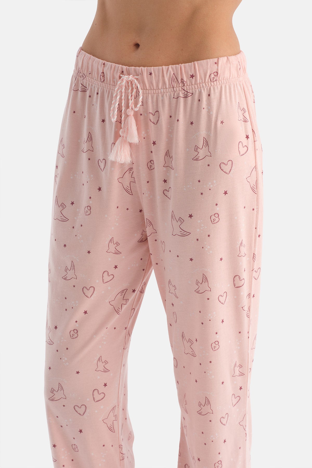 Açık Pembe Nakış Detaylı Tişört Pantolon Pijama Takımı