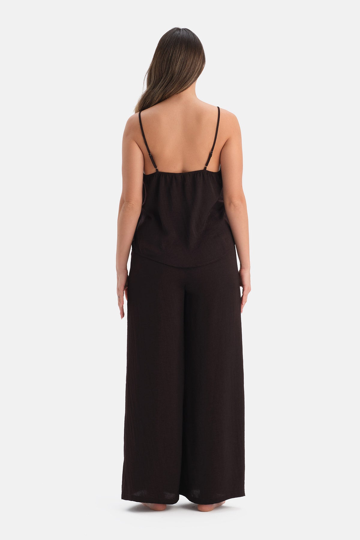 Koyu Kahve İnce Askılı Dokuma Atlet Pantolon Pijama Takımı