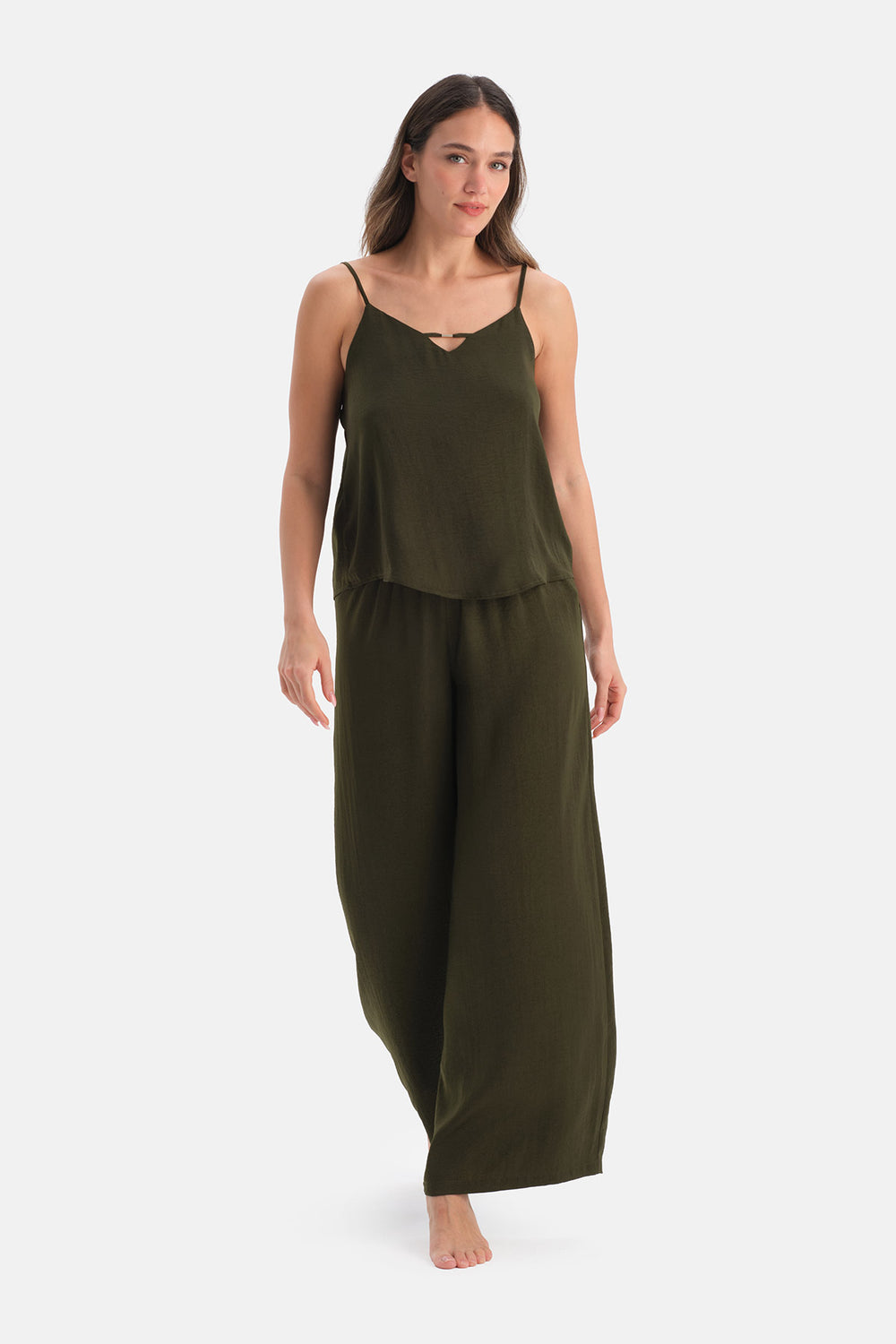 Koyu Yeşil İnce Askılı Dokuma Atlet Pantolon Pijama Takımı