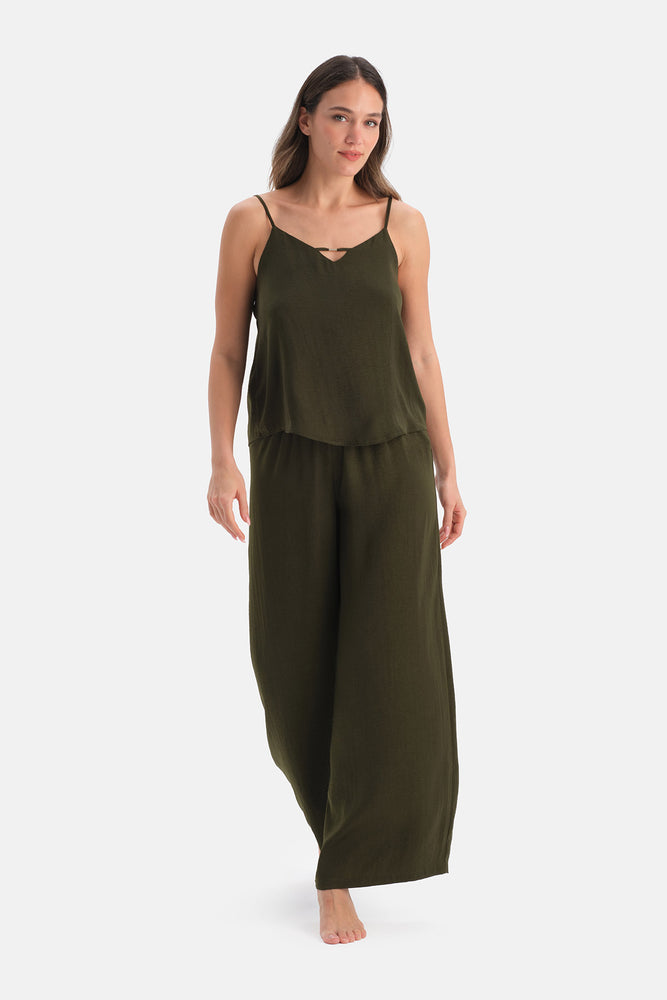 Koyu Yeşil İnce Askılı Dokuma Atlet Pantolon Pijama Takımı