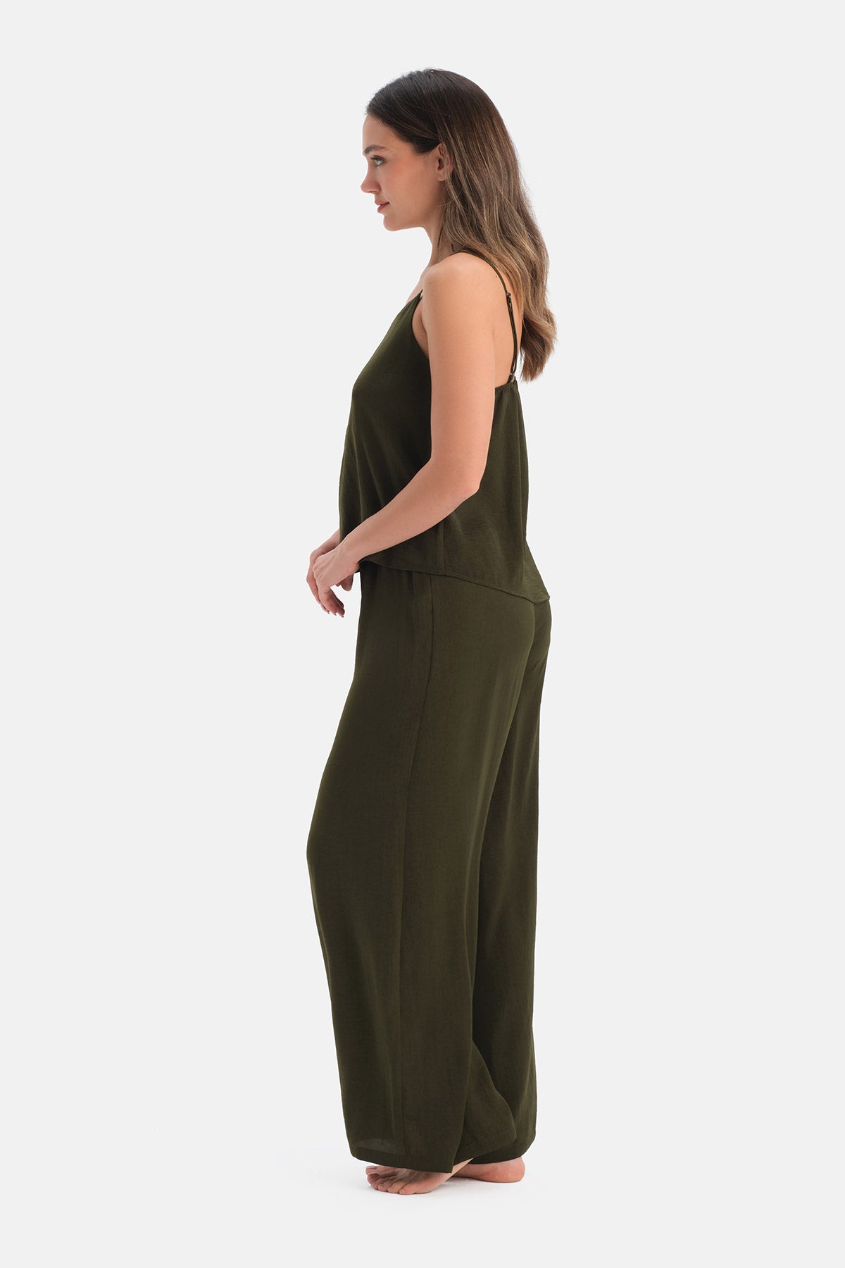 Koyu Yeşil İnce Askılı Dokuma Atlet Pantolon Pijama Takımı