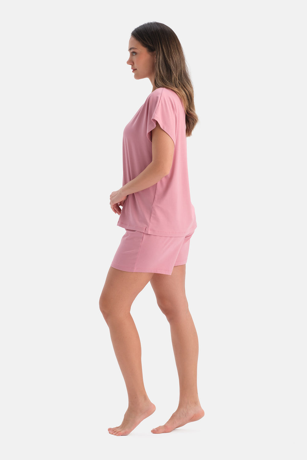 Gül Kurusu V Yaka Kısa Kollu Tişört Şort Pijama Takımı