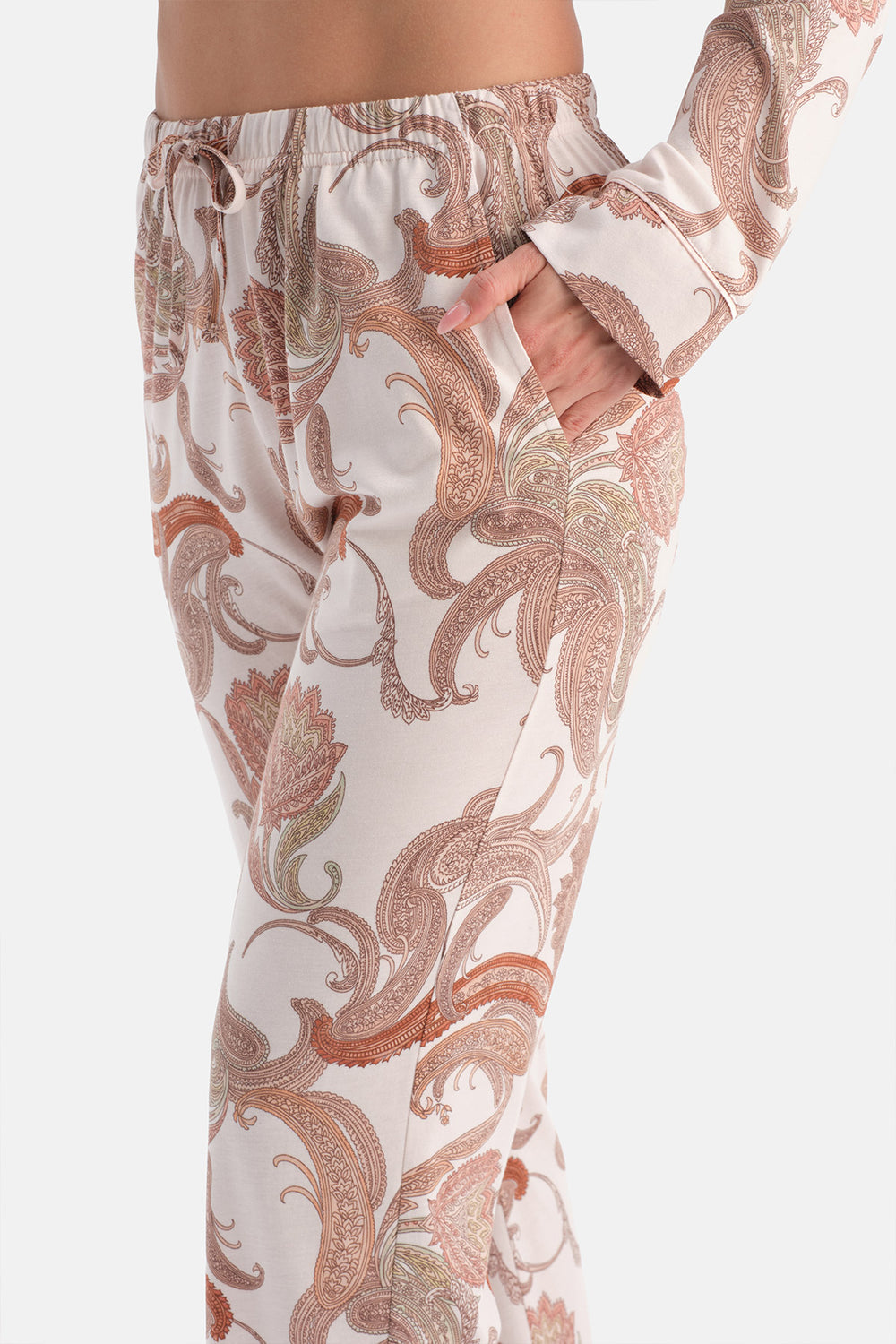 Açık Pembe Şal Desenli Penye Modal Gömlek Pantolon Pijama Takımı