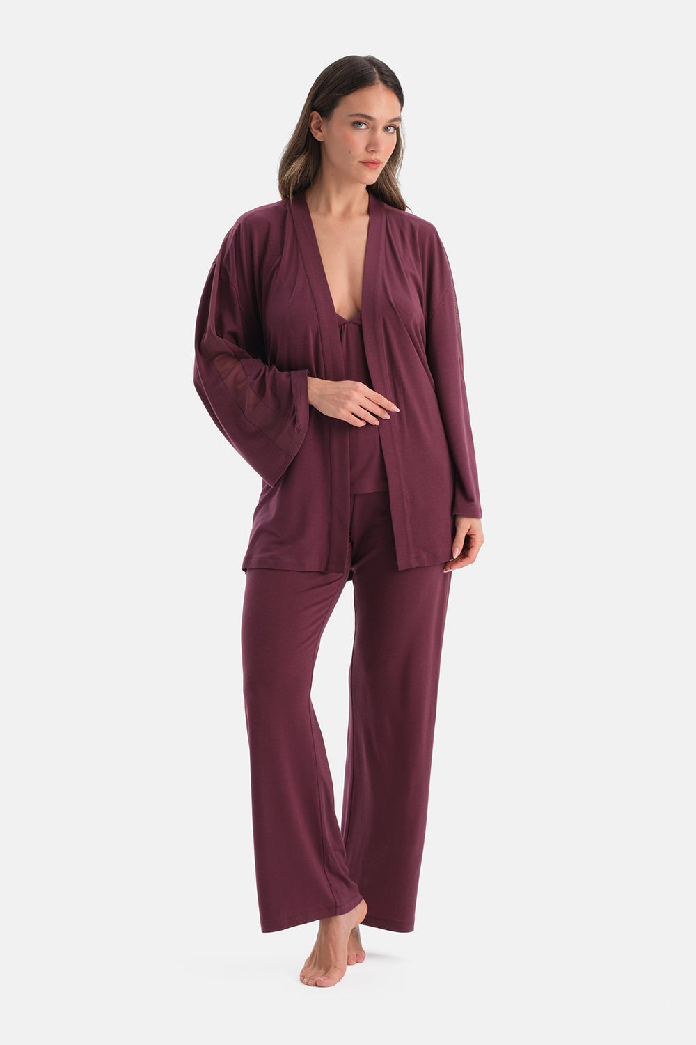 Bordo Yanı Tül Detaylı Basic Sabahlık