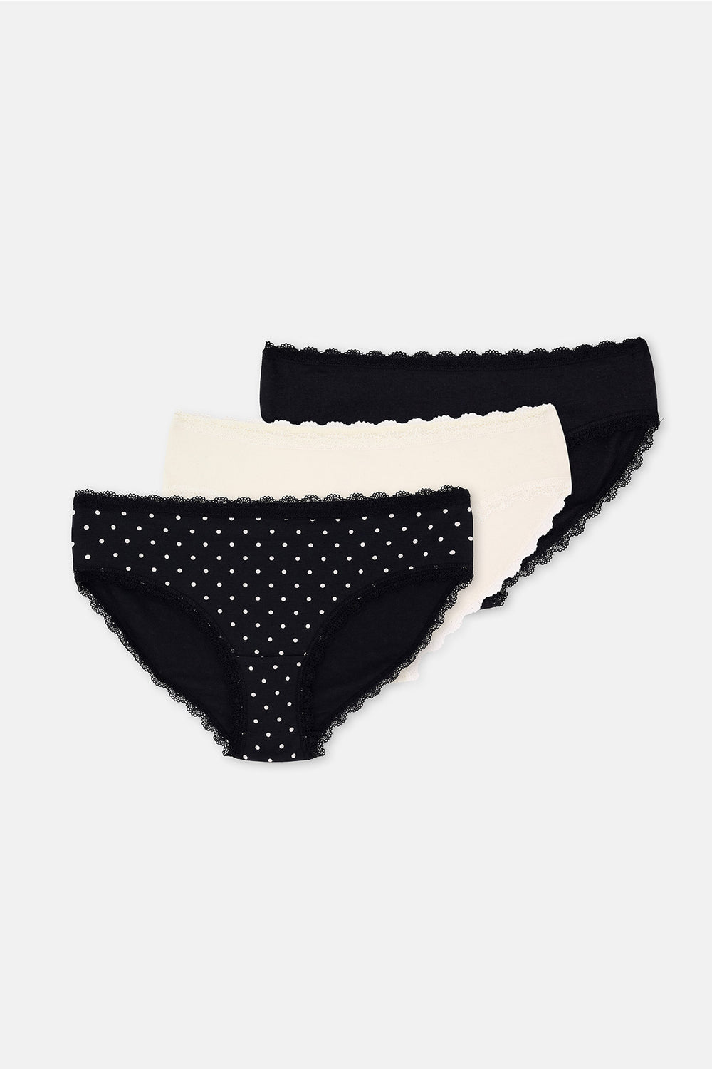 Ekru-Siyah 3'lü Bel Ve Paça Dantel Detaylı Baskılı Hipster Külot