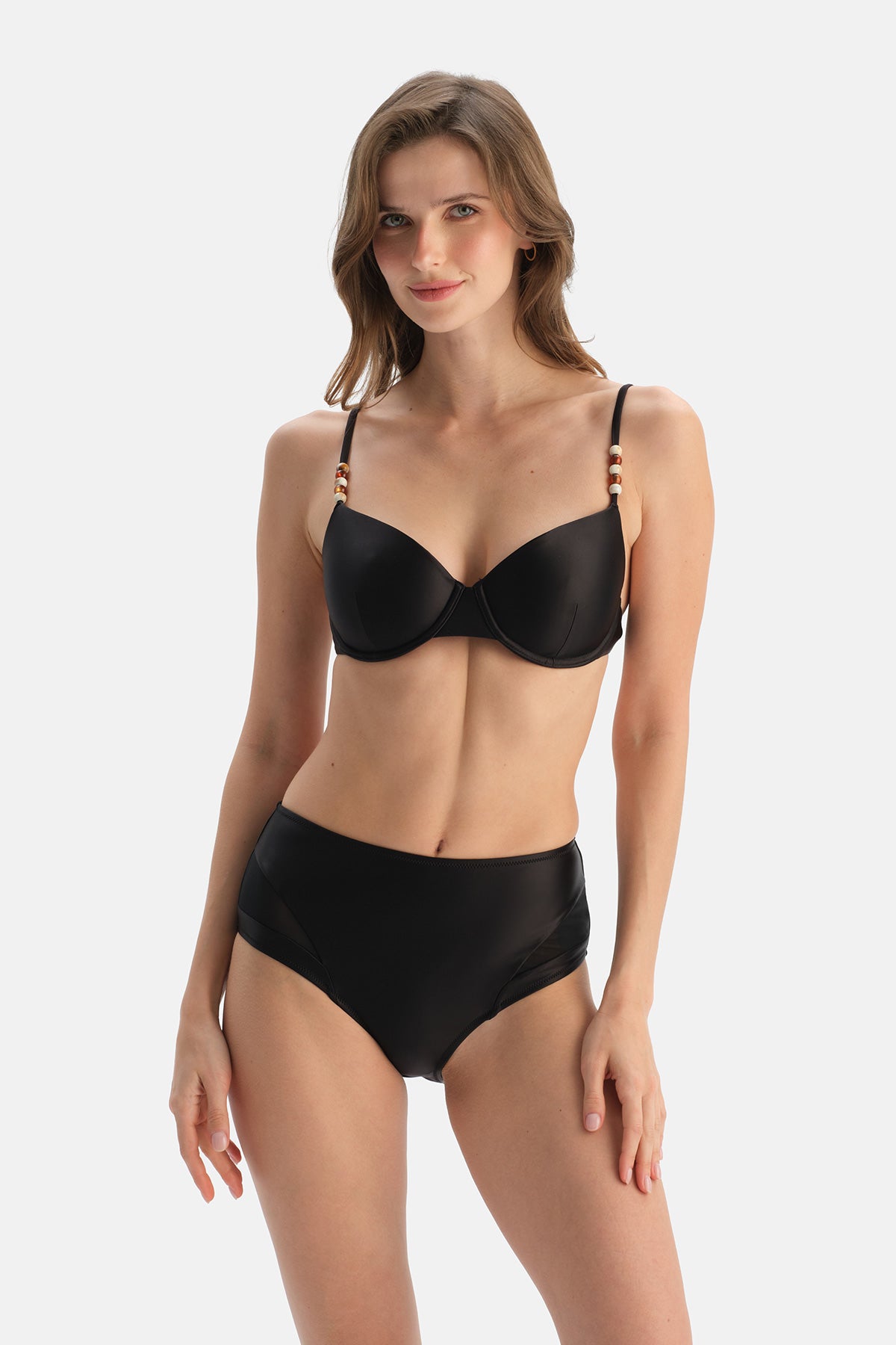 Siyah Tül Detaylı Yüksek Bel Bikini Alt