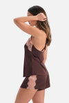 Kahverengi Yaka Dantel Detaylı Camisole Set