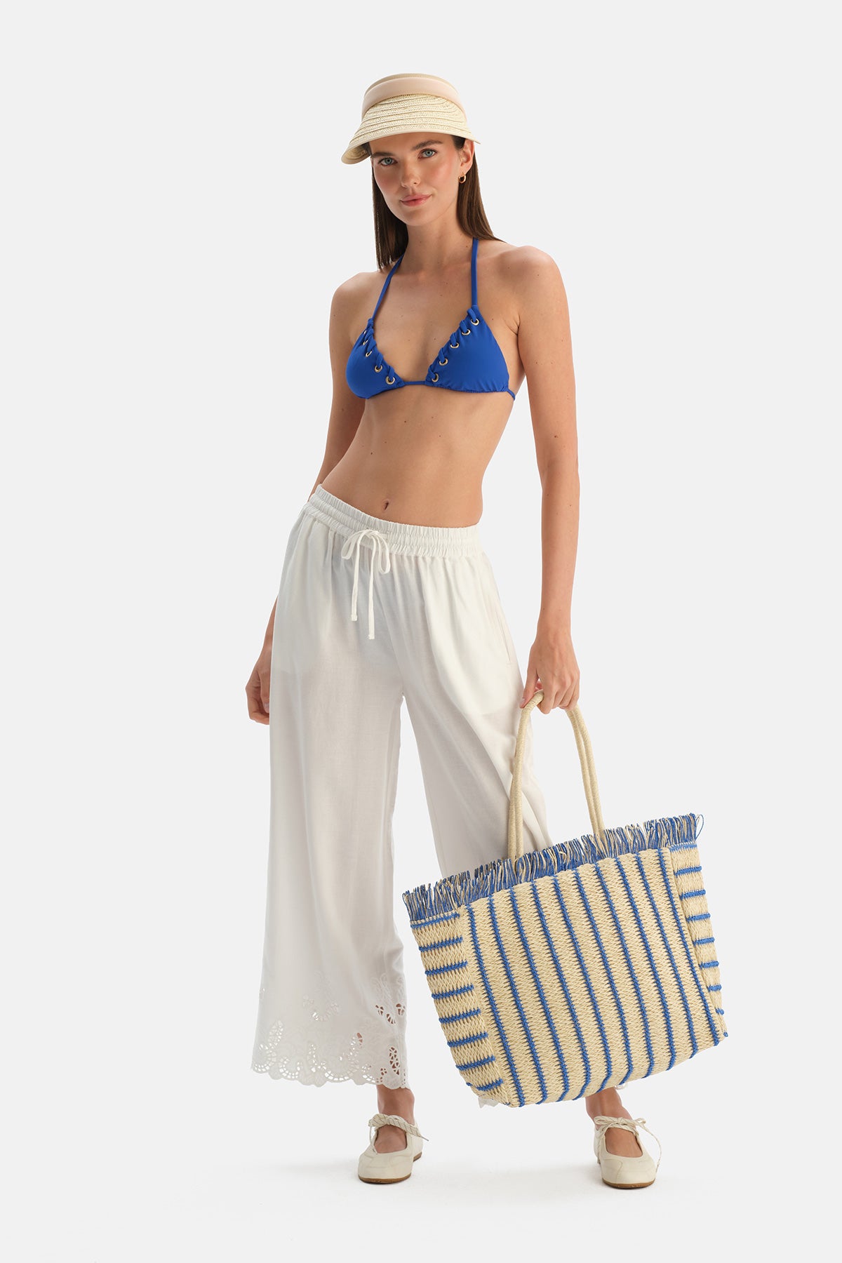 Ekru-Mavi Kadın Çizgili Püskül Detaylı Hasır Çanta